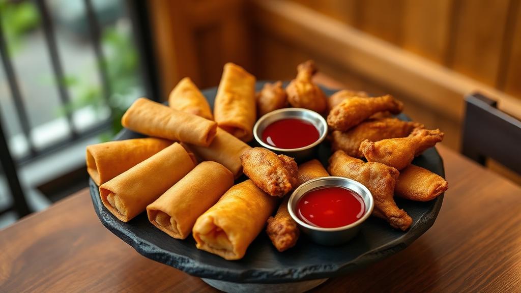 Illustration of Chinese appetizers — egg rolls, wontons and wings with plum sauce