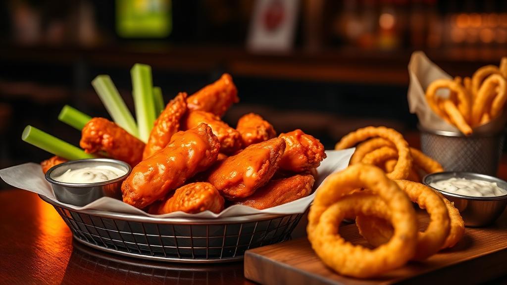 Illustration of buffalo chicken wings with onion rings on a pub counter